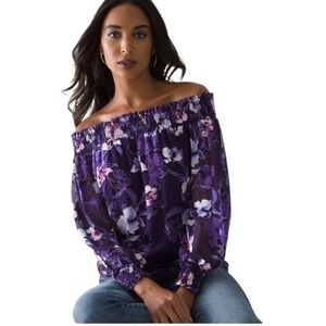WHITE HOUSE BLACK MARKET M Purple Floral Burnout Silk Blend Off-the-Shoulder Top